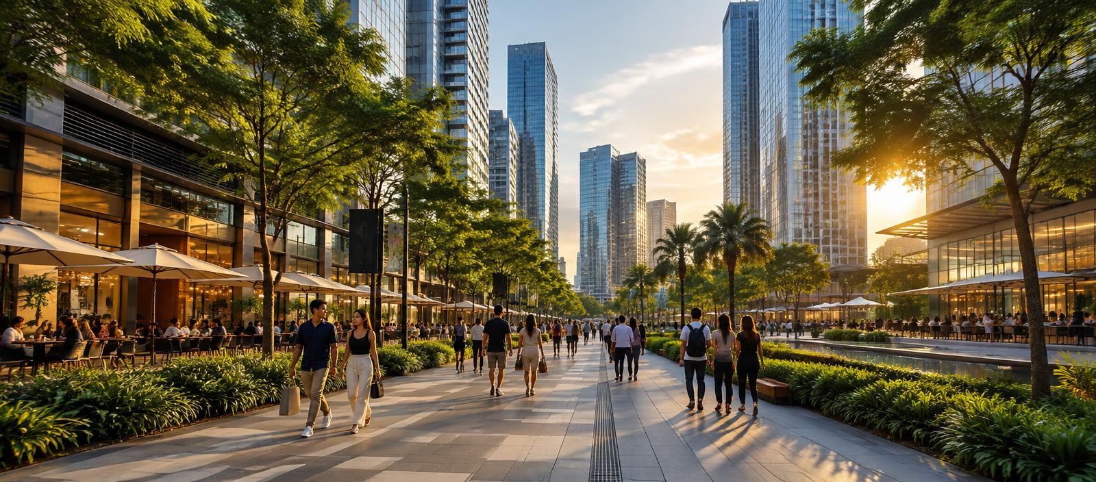 Tree-lined BGC streets with cafes and contemporary architecture